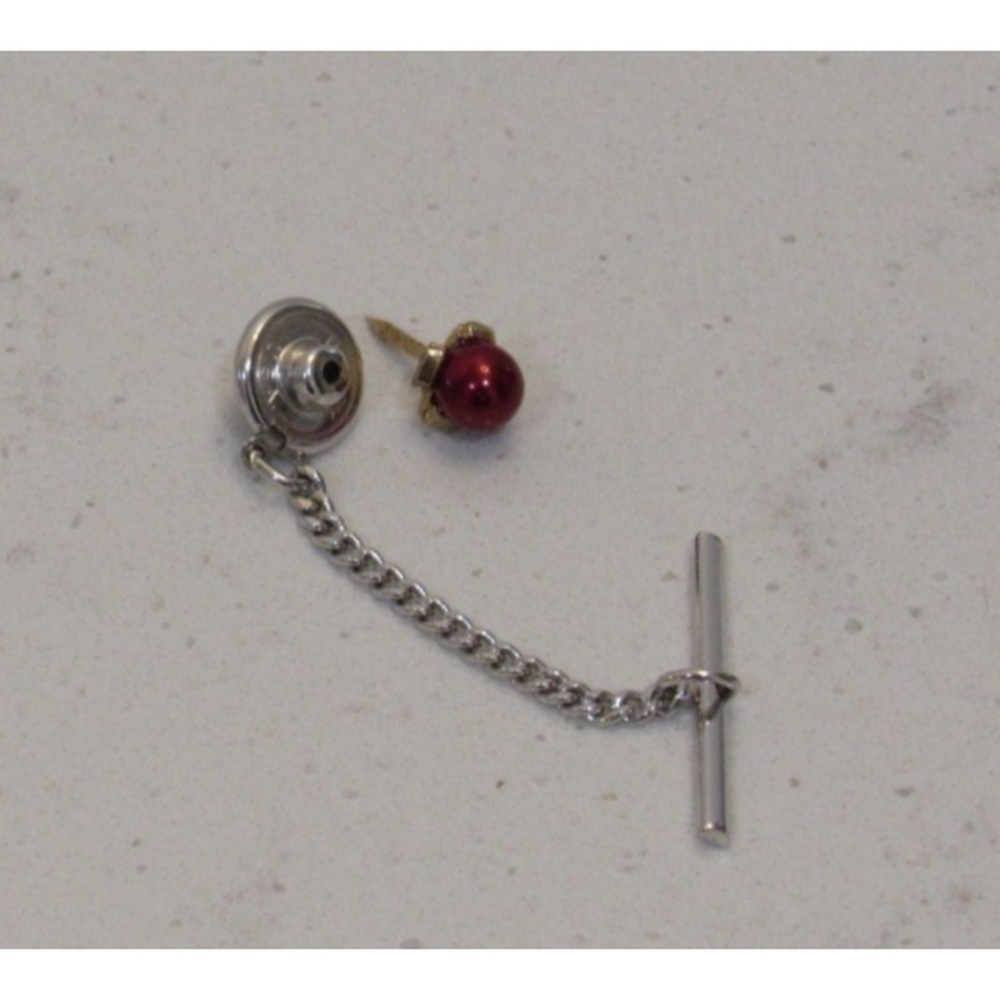 Vintage Tie Tack Pin Red Faux Pearl Silver Tone‎